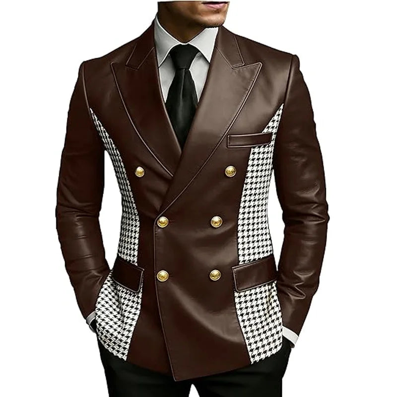Men’s brown leather blazer with houndstooth sides, double-breasted style, slim fit, gold buttons, vintage tuxedo jacket by Showlu Fashion