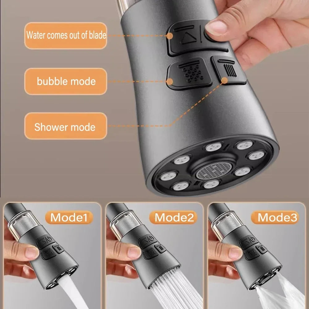 Showlu 360° universal kitchen faucet extender with filter aerator nozzle, showcasing the sleek chrome finish and adjustable swivel design.