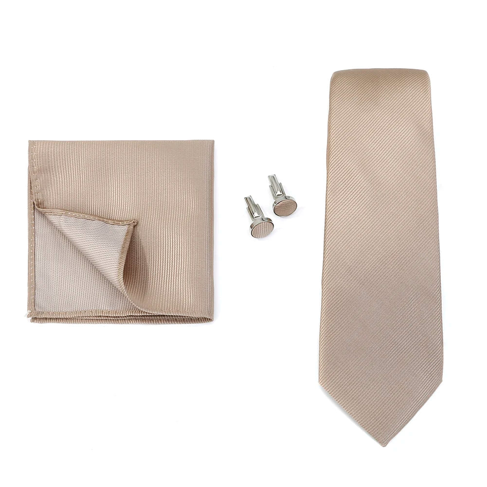 Solid color men's formal tie, jacquard woven, with matching handkerchief and cufflinks, ideal for wedding or business attire.