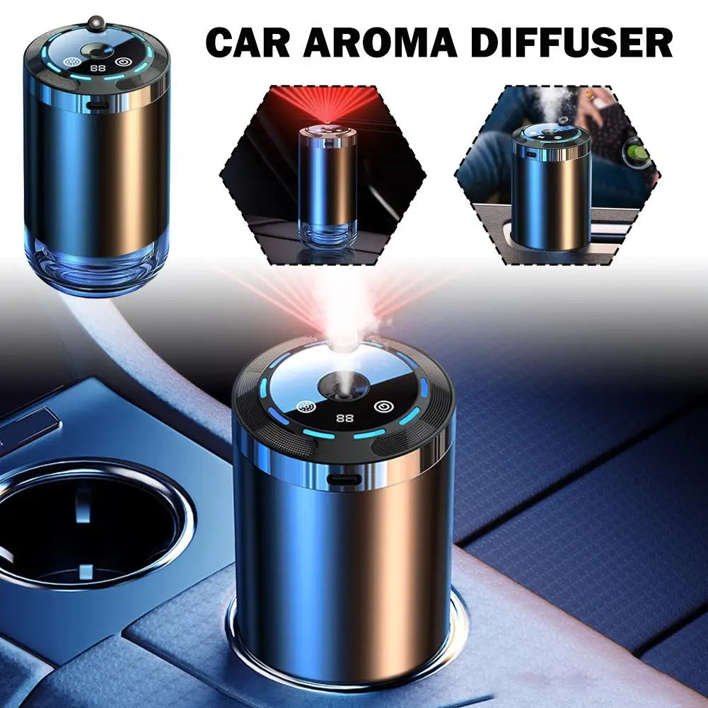Xyzplus Car Diffuser Humidifier with 5 modes, showing sleek design, diffuser nozzle, and control buttons for aromatherapy and air freshening.