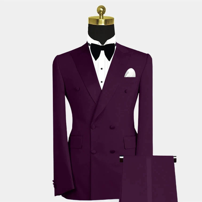 SHOWLU men's blue double-breasted slim fit 2-piece suit for wedding and prom, tailored with classic lapels and stylish design.