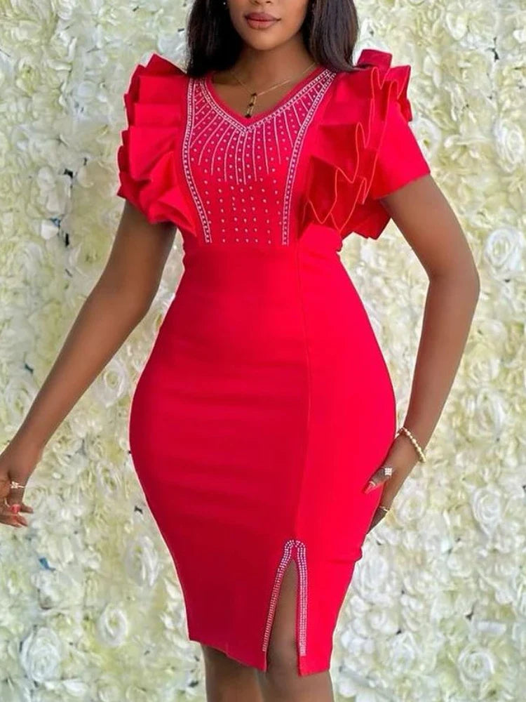 Red wedding guest dress with V-neck, crystal embellishments, petal sleeve design, by SHOWLU FASHION STORE.