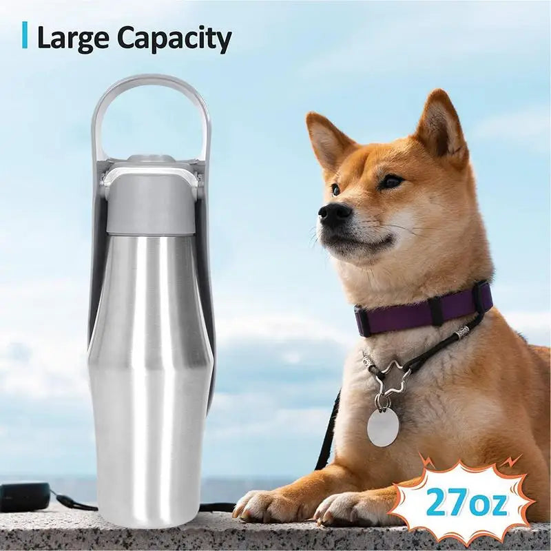 Showlu 750ml stainless steel pet travel water bottle for dogs and cats, featuring a convenient spill-proof design and compact size.