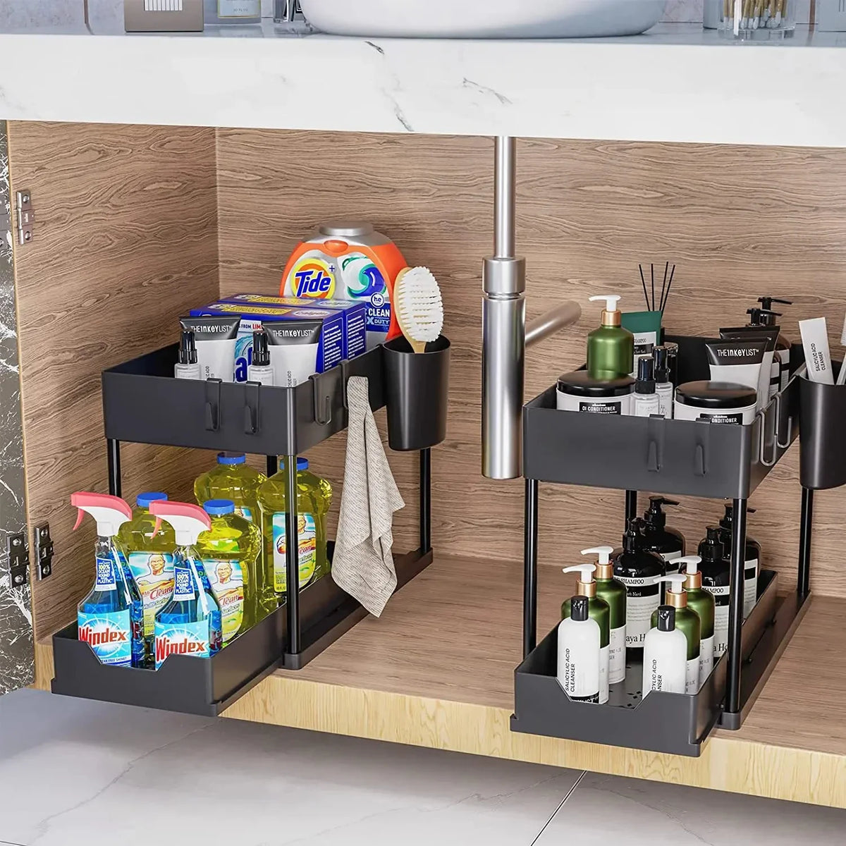 Showlu Smart General under sink organizer rack with multiple compartments for efficient bathroom or kitchen storage.
