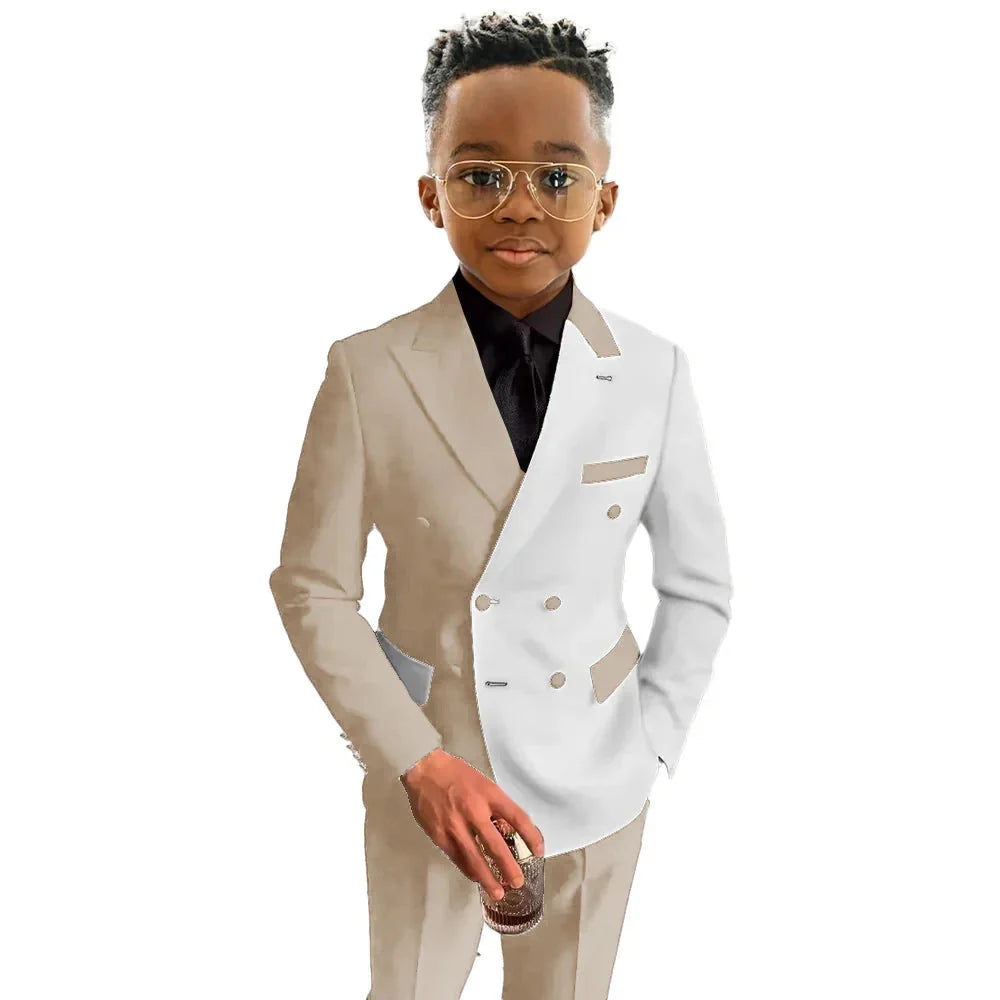 SHOWLU Boys 2-Piece Double Breasted Wedding Tuxedo Suit in cotton wool, featuring a classic design and tailored fit.