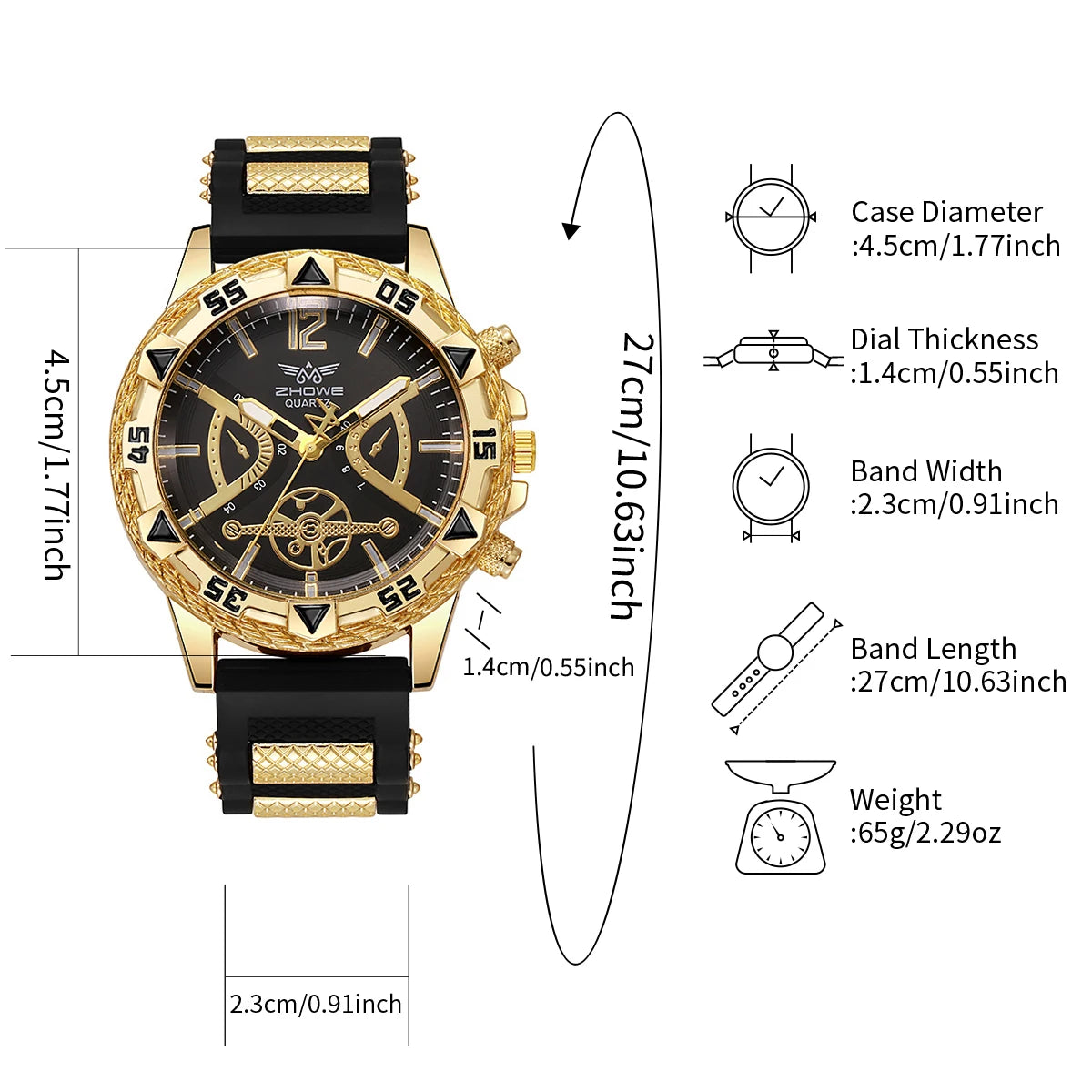 Men's fashion Arabic dial quartz wristwatch with silicone strap, part of a 4-piece business jewelry set showing watch and necklace.