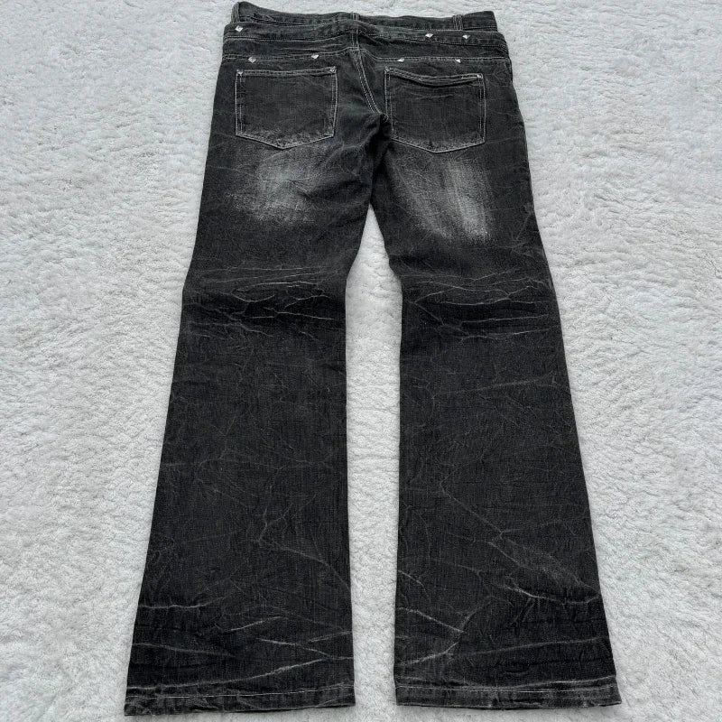 Retro double-waisted lace-up micro flared jeans by Showlu Fashion Store, featuring washed high-quality streetwear design for women and men.