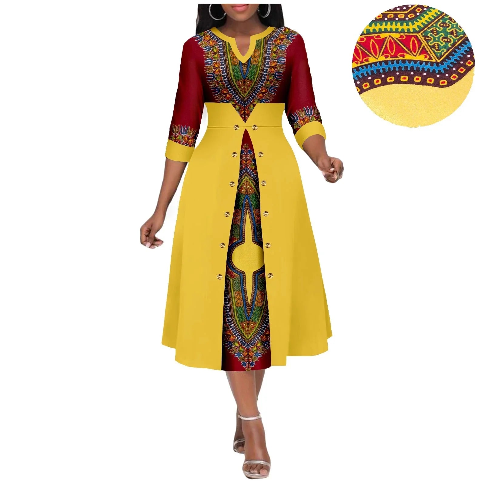 AFRIPRIDE women's Ankara print V-neck cotton A-line midi dress with colorful traditional patterns.