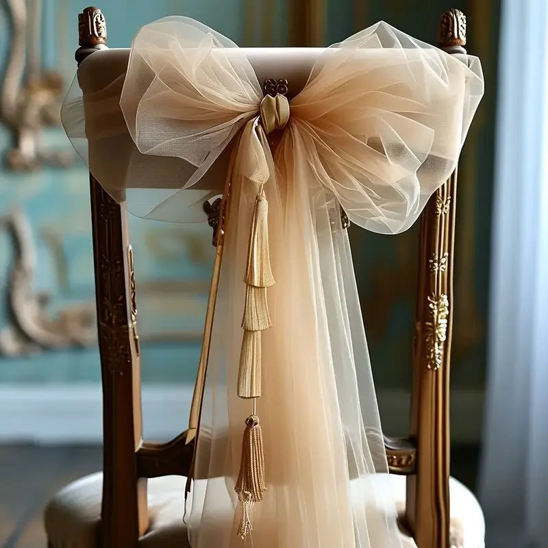 Set of 10 white gauze chair back veils and sashes with bows, for wedding and party decor, 200x75cm, Showlu Fashion Store.
