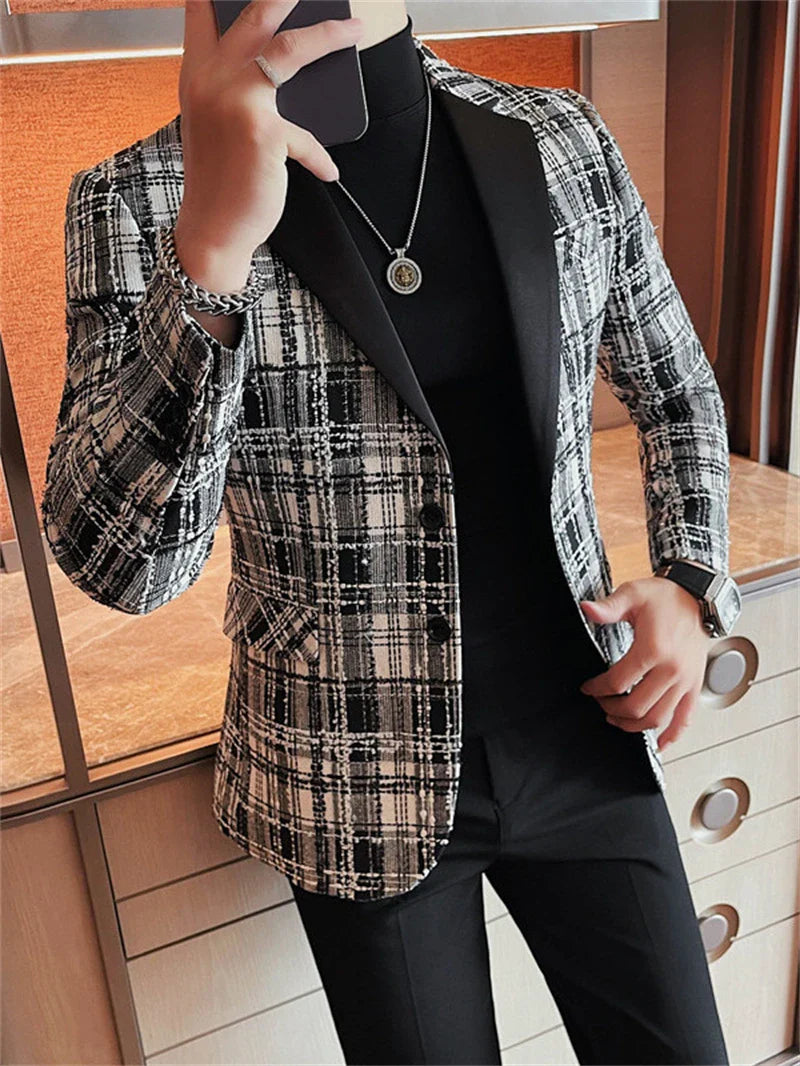 Men's slim fit plaid business blazer by SHOWLU FASHION STORE, single-breasted suit jacket with tailored design and classic pattern.