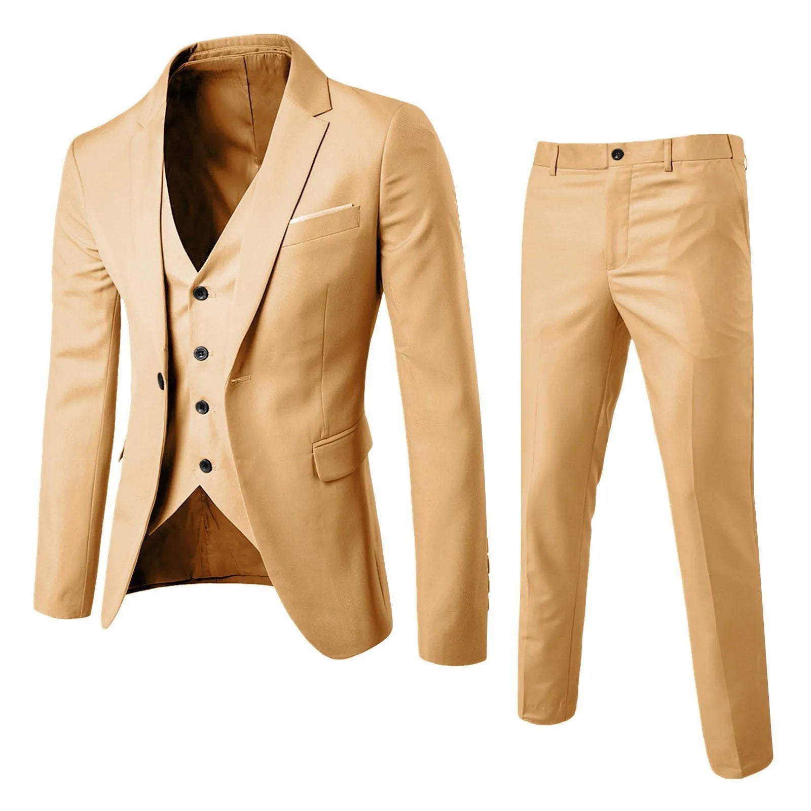 Showlu men's 3-piece slim fit business suit with solid cotton blend fabric, including jacket, vest, and trousers.
