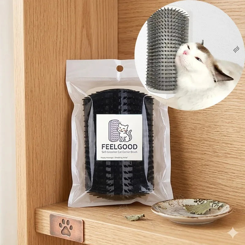 Cat self-groomer wall corner massage brush with soft rubber bristles for hair removal and shedding control for kittens and cats.