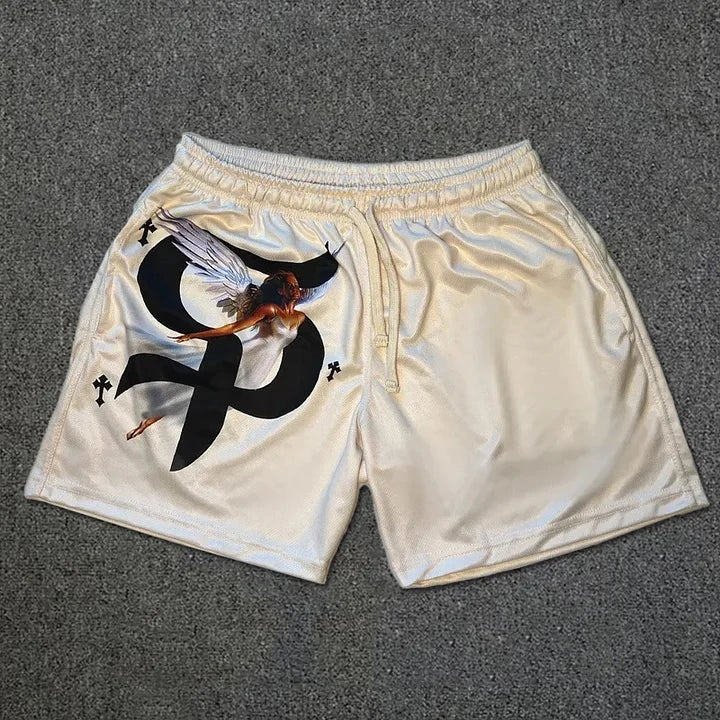 Showlu Faith Goddess Cross print basketball shorts made of quick-dry polyester fabric, featuring a bold cross design and athletic fit.