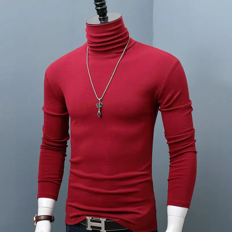 Dark red men's long sleeve turtleneck top with stretch fabric, casual style, plus size, suitable for autumn and winter wear.