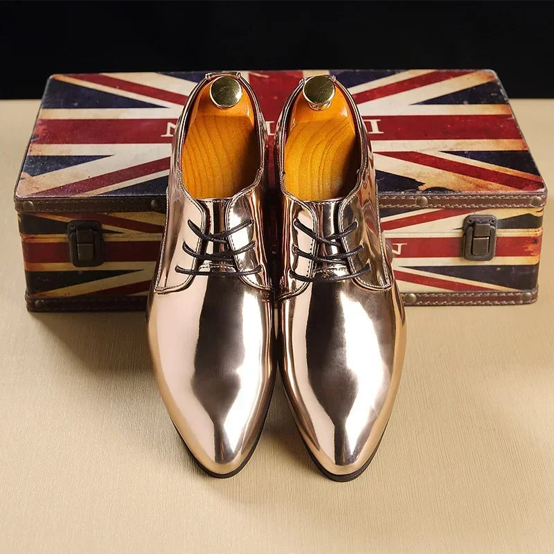 Men's black patent leather Oxford dress shoes with pointed toes, ideal for weddings, from Showlu Fashion Store.