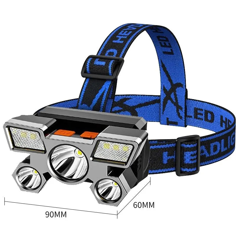 USB rechargeable Showlu Fashion Store 5LED headlamp with built-in battery, portable headlight for camping, fishing, and working tasks.