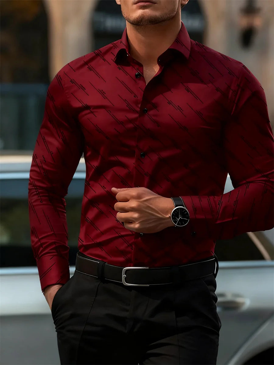 Men's long sleeve shirt with geometric line print, Showlu Fashion, versatile casual and office wear, slim fit, outdoor suitable