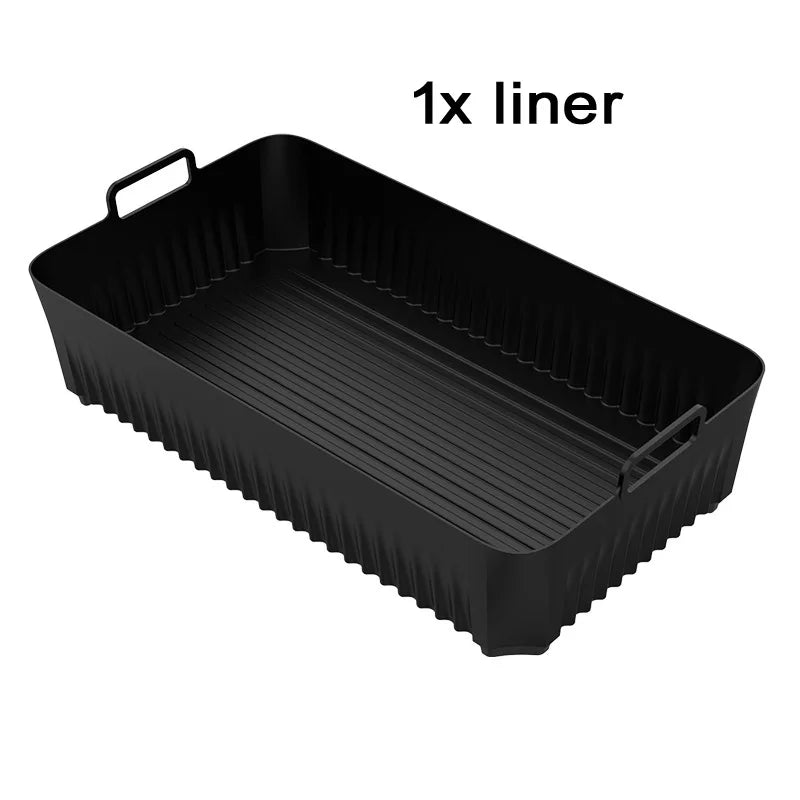 Silicone air fryer basket by Showlu Smart General, showing a non-stick, heat-resistant cooking basket with a handle for air frying.