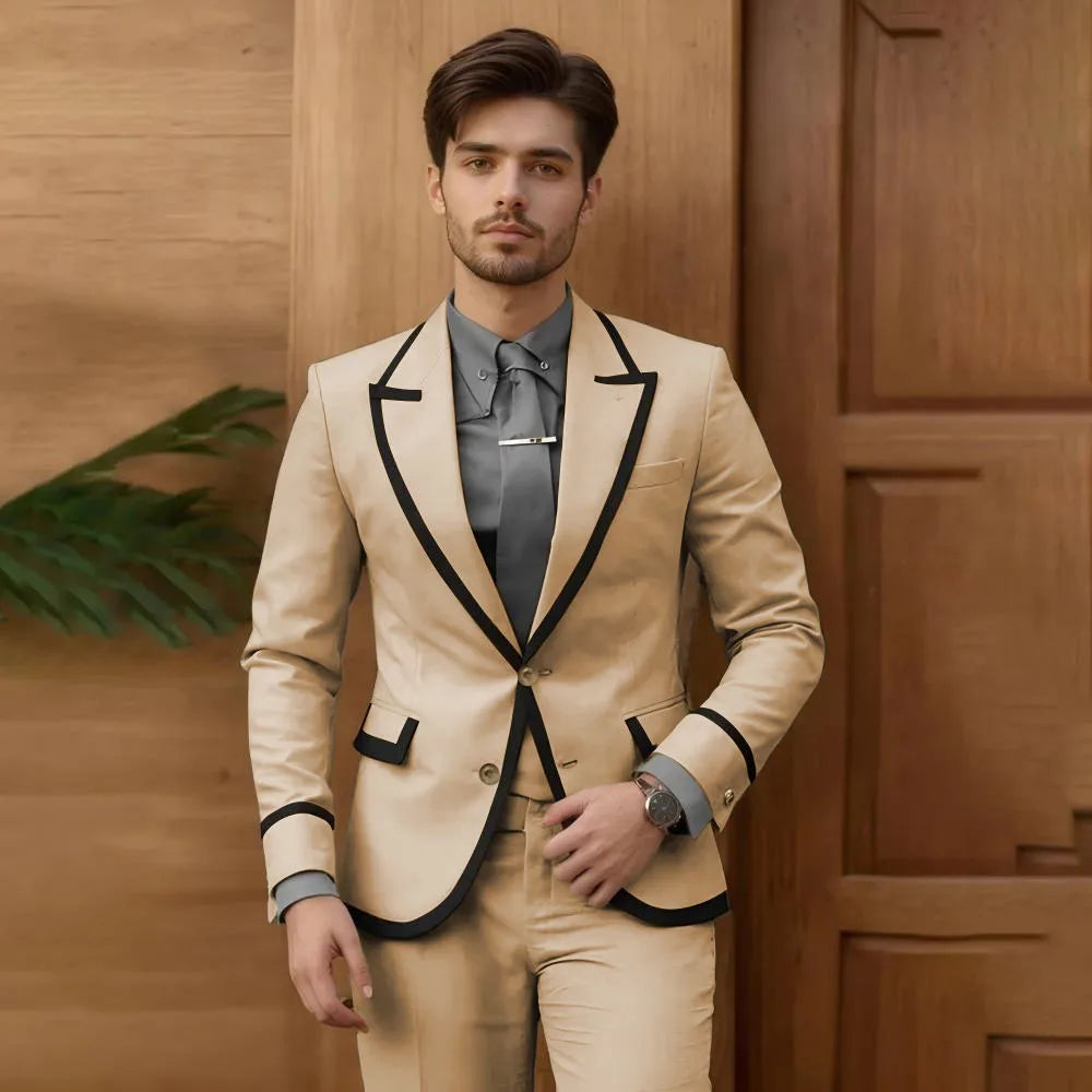 Beige men's fashion suit 2-piece set with single-breasted jacket and slim-fit pants, ideal for groomsmen, prom, or wedding.