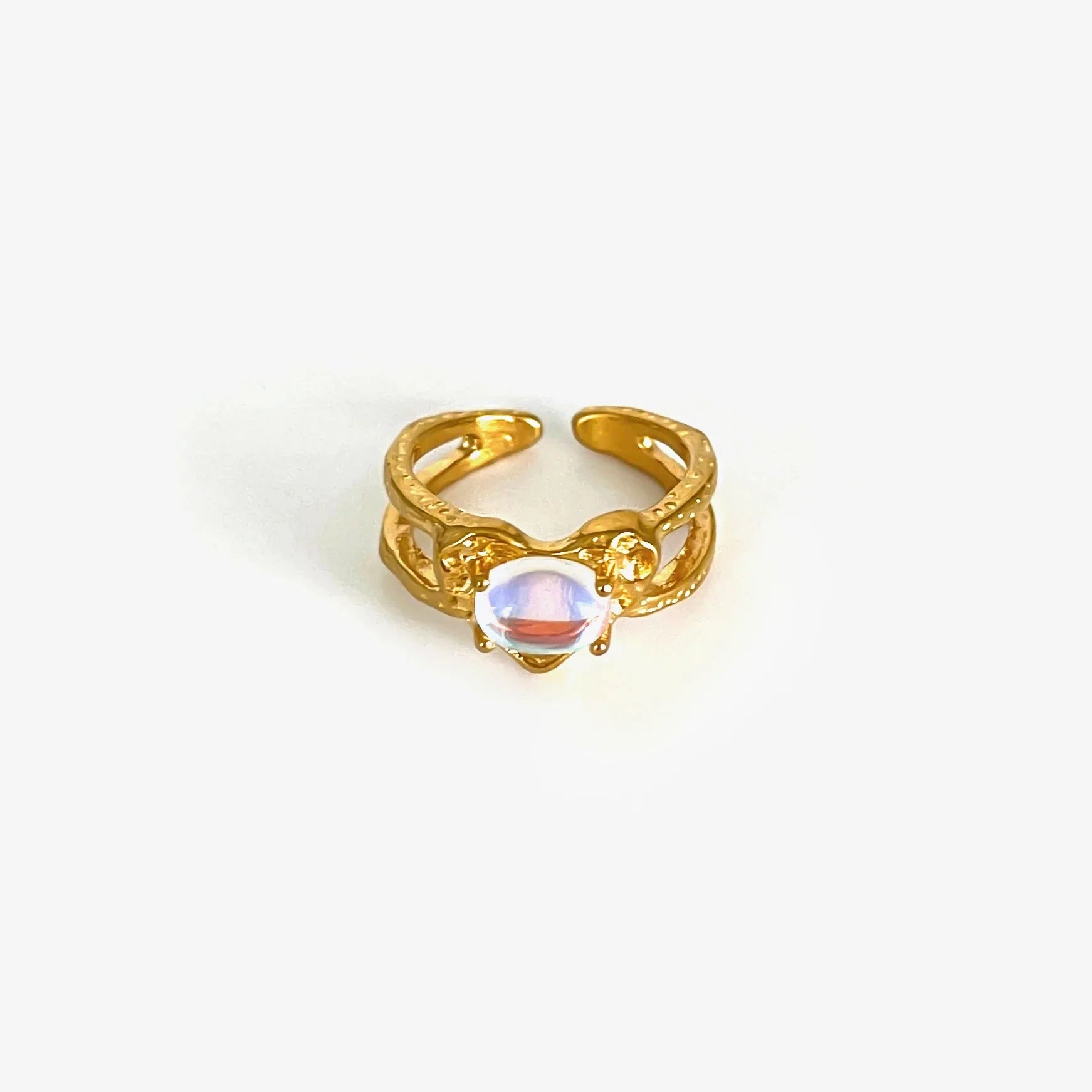 SHOWLU FASHION STORE Peri'sBox vintage moonstone zircon open ring in gold-plated stainless steel, featuring a delicate design and sparkling stones.
