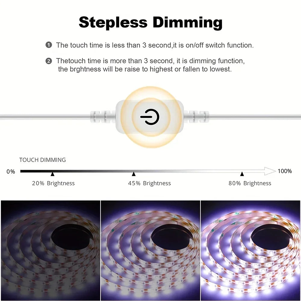 Flexible USB LED strip light in warm white from Showlu Smart General, showing the 5V tape illuminated in a close-up view.