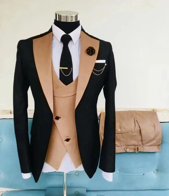 Showlu Smart General men's slim fit black tuxedo suit with jacket, pants, and vest, ideal for formal weddings and special occasions.