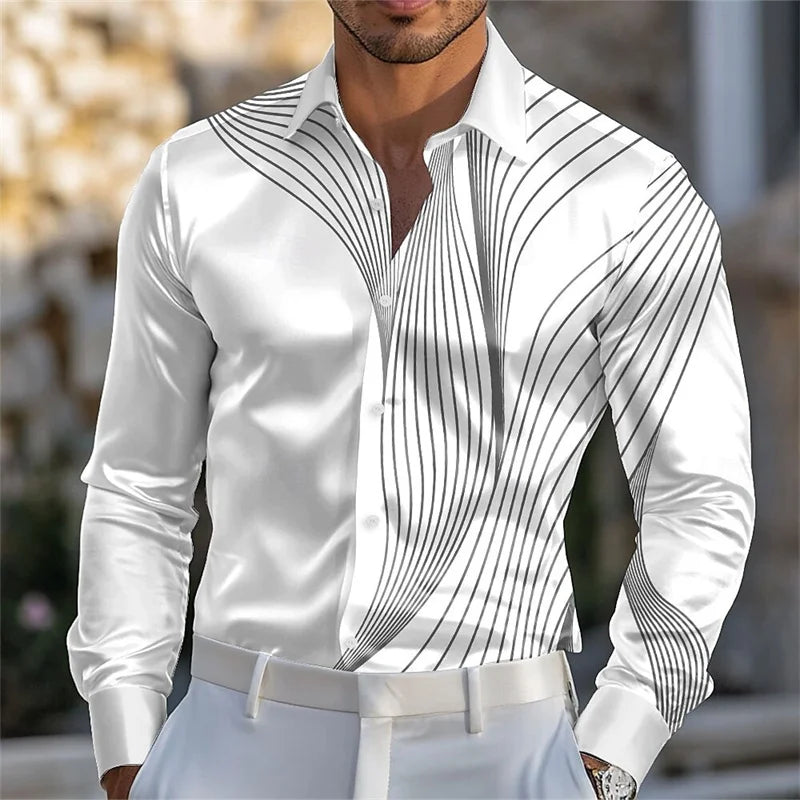 Men's abstract liquid art satin shirt by Showlu Fashion, long sleeve casual shirt in pink, blue, gold, and green for summer and spring.