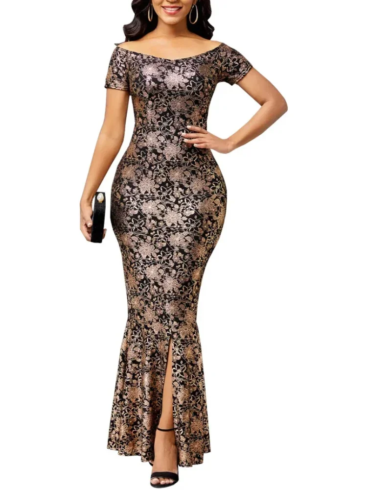 Elegant women's off-the-shoulder flower maxi dress featuring a slit, perfect for parties, by SHOWLU FASHION STORE.