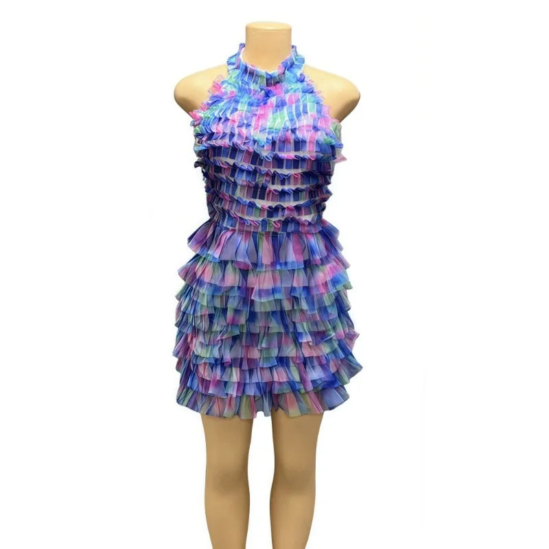 Showlu Fashion mesh ruched patchwork bodycon dress with gradient halter backless design, perfect for summer streetwear and stylish occasions.