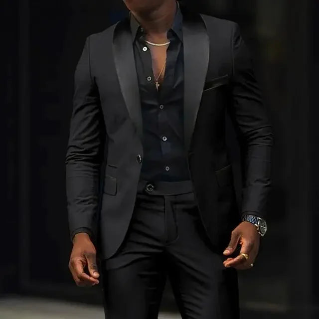 Men's slim fit cotton suit by Showlu Fashion with shawl lapel blazer, tailored for a stylish, modern look.