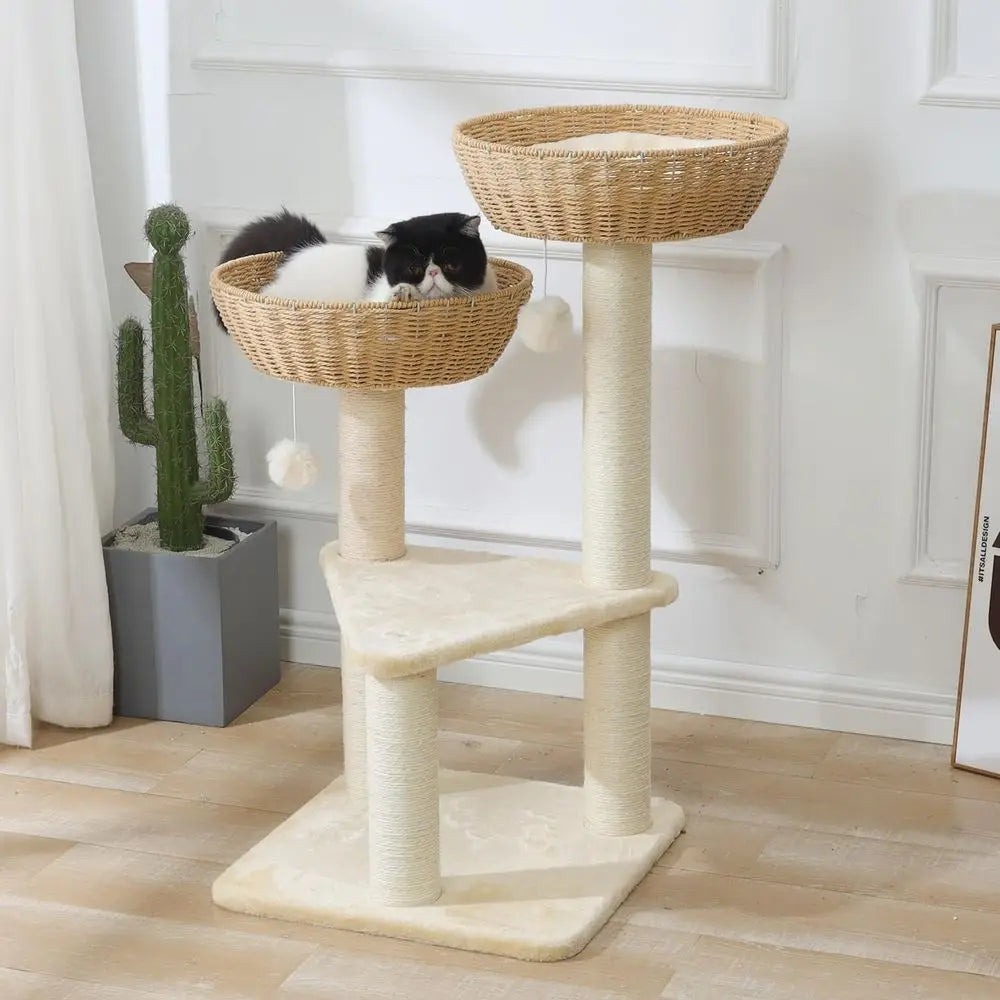 ShengoCase cat tree tower with rattan wicker basket bed designed for large cats, showcasing a cozy perch and natural woven textures.