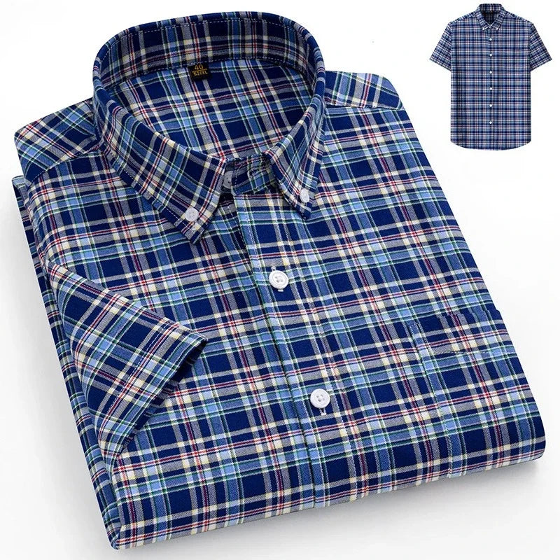 New in Shirt Plus Size 14XL Fashion Summer 100%Cotton Oxford Plaid Short Sleeve Shirt for Man Designer Office Elegant Clothes