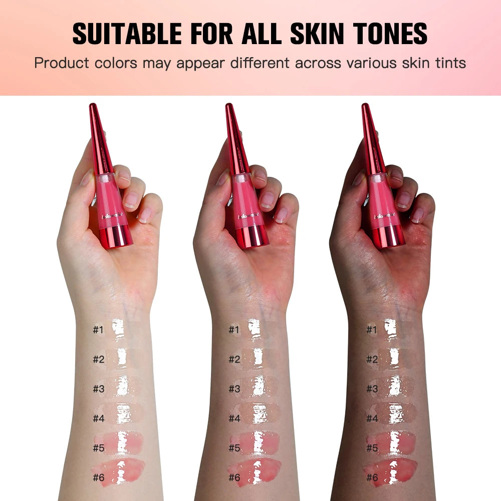 Showlu Smart General Lip Oil Plumper applying clear, nourishing lip gloss with a shiny finish on smooth lips.