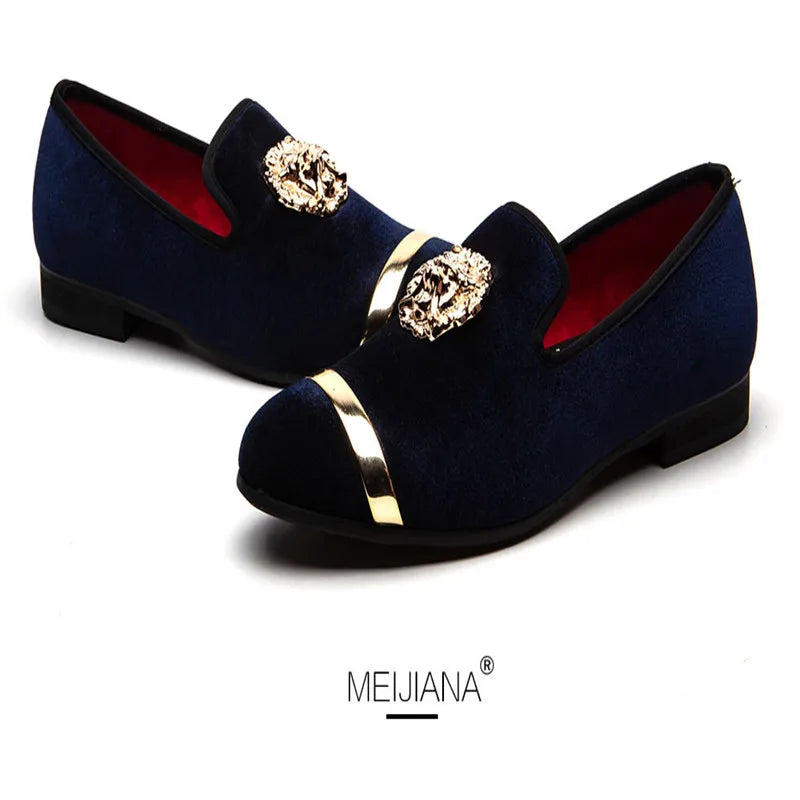 Men's velvet loafers by Showlu Fashion with gold tiger metal detail, stylish party dress shoes in black.