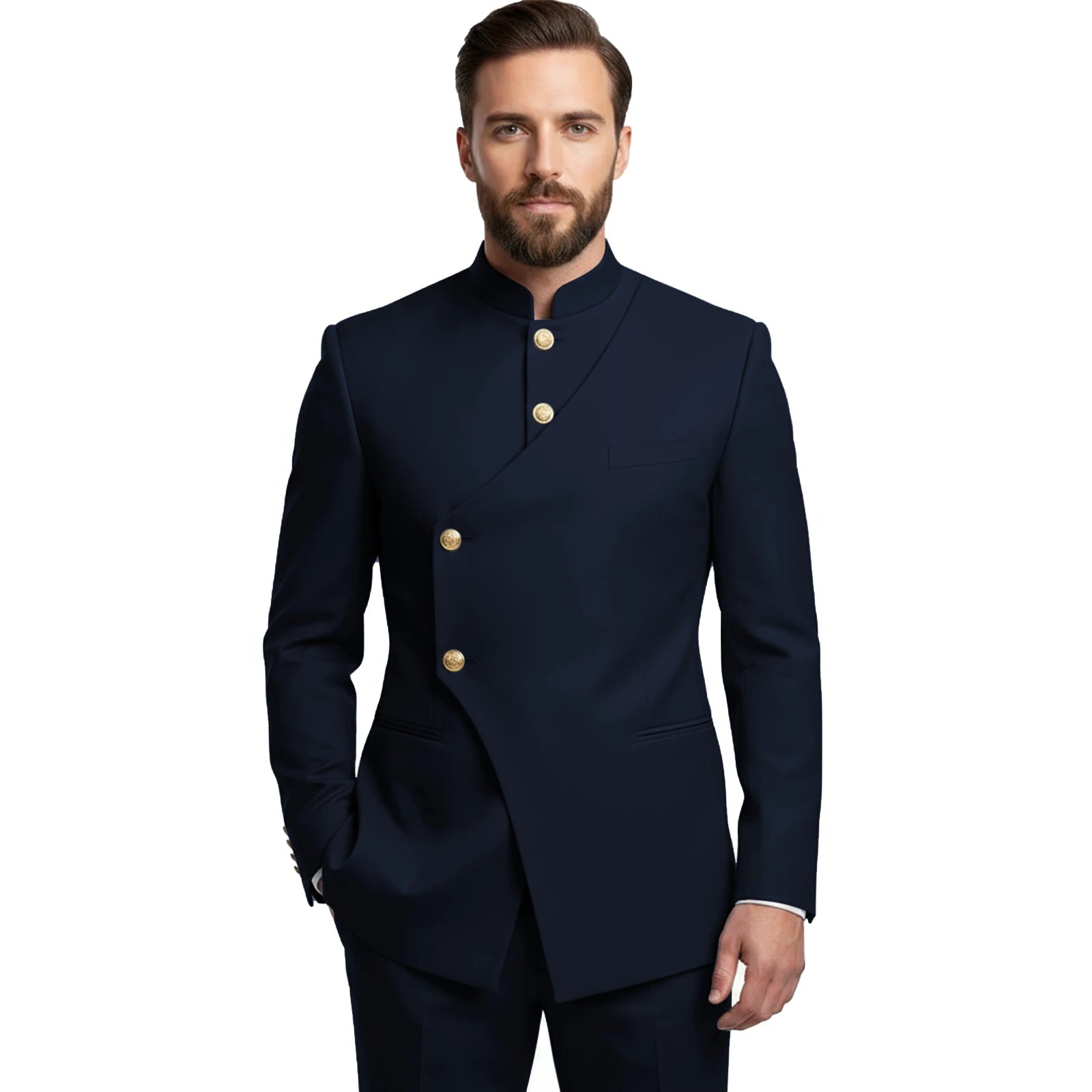 Chinese Suit Men 2 Piece Tunic Suits Slim Fit Safari Suits for Men Mandarin Collar Suit Blazer Pants Set
