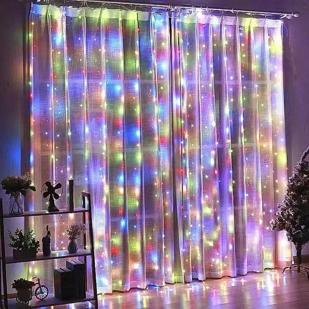 Showlu Smart General LED curtain fairy lights hanging with warm white glow, perfect for home decor and festive ambiance.