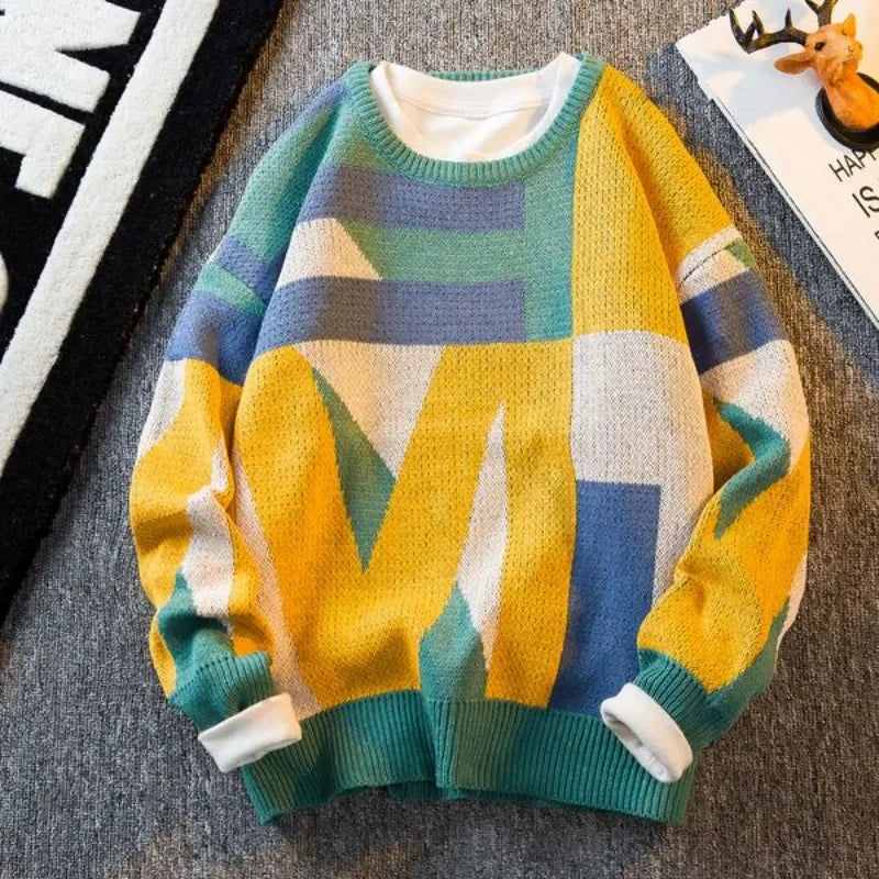 Brown men's knitted graphic crewneck sweater with round collar, baggy fit, suitable for spring and autumn casual wear.