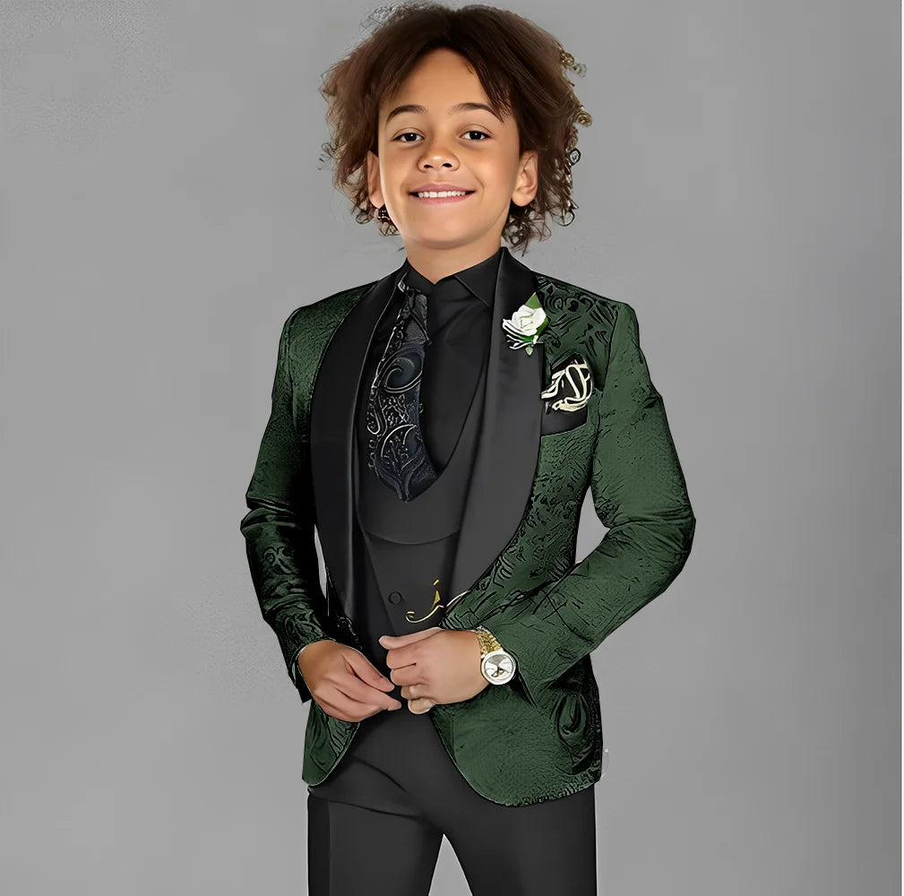 Jacquard boys' 3-piece wedding tuxedo suit with jacket, pants, and vest for ages 2-16, formal party attire from Showlu Fashion Store.
