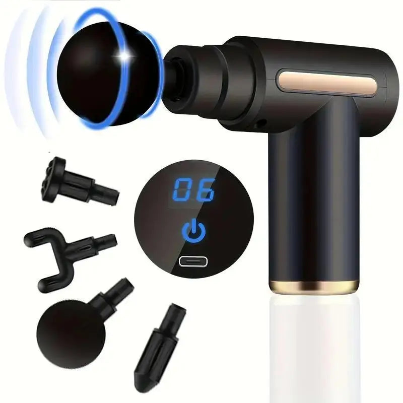 Deep tissue massage gun by Showlu Fashion Store with 6/99 speeds and 4/8 massage heads for muscle relief and body relaxation.