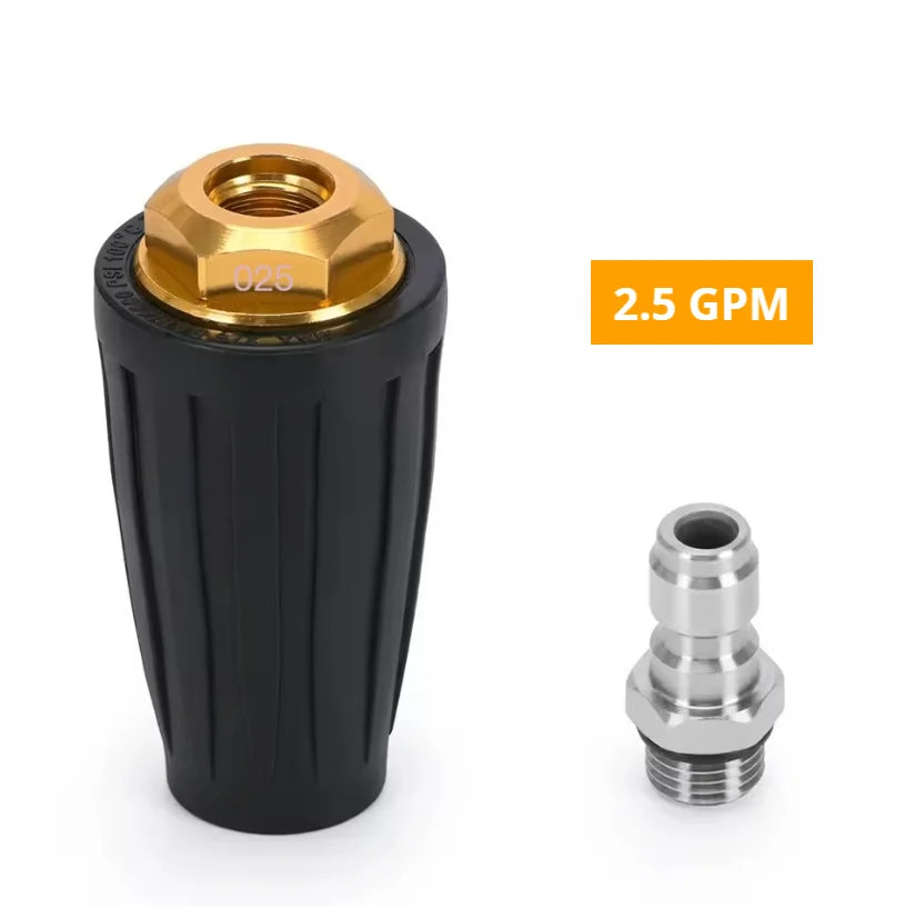 Showlu Smart General Turbine Rotating Turbo Nozzle attached to a garden hose for powerful, even water spray cleaning.