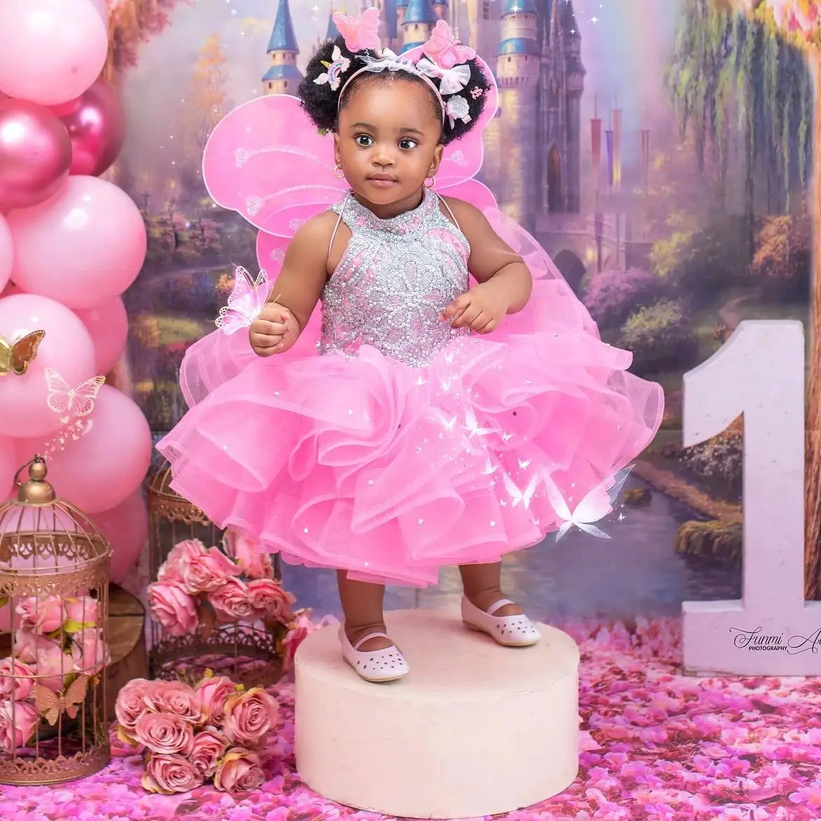 Pink Girls Birthday Party Dresses Customized High Neck Beading Flower Girl Dresses Baby Kids Gowns for Photo Shoot