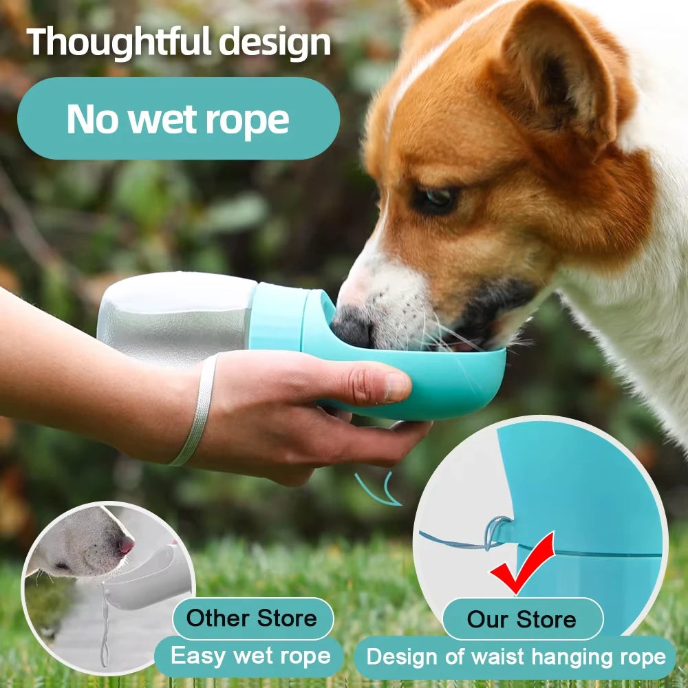 Showlu portable dog water bottle with 300ml-500ml capacity, featuring a built-in drinking bowl for travel and outdoor pet hydration.