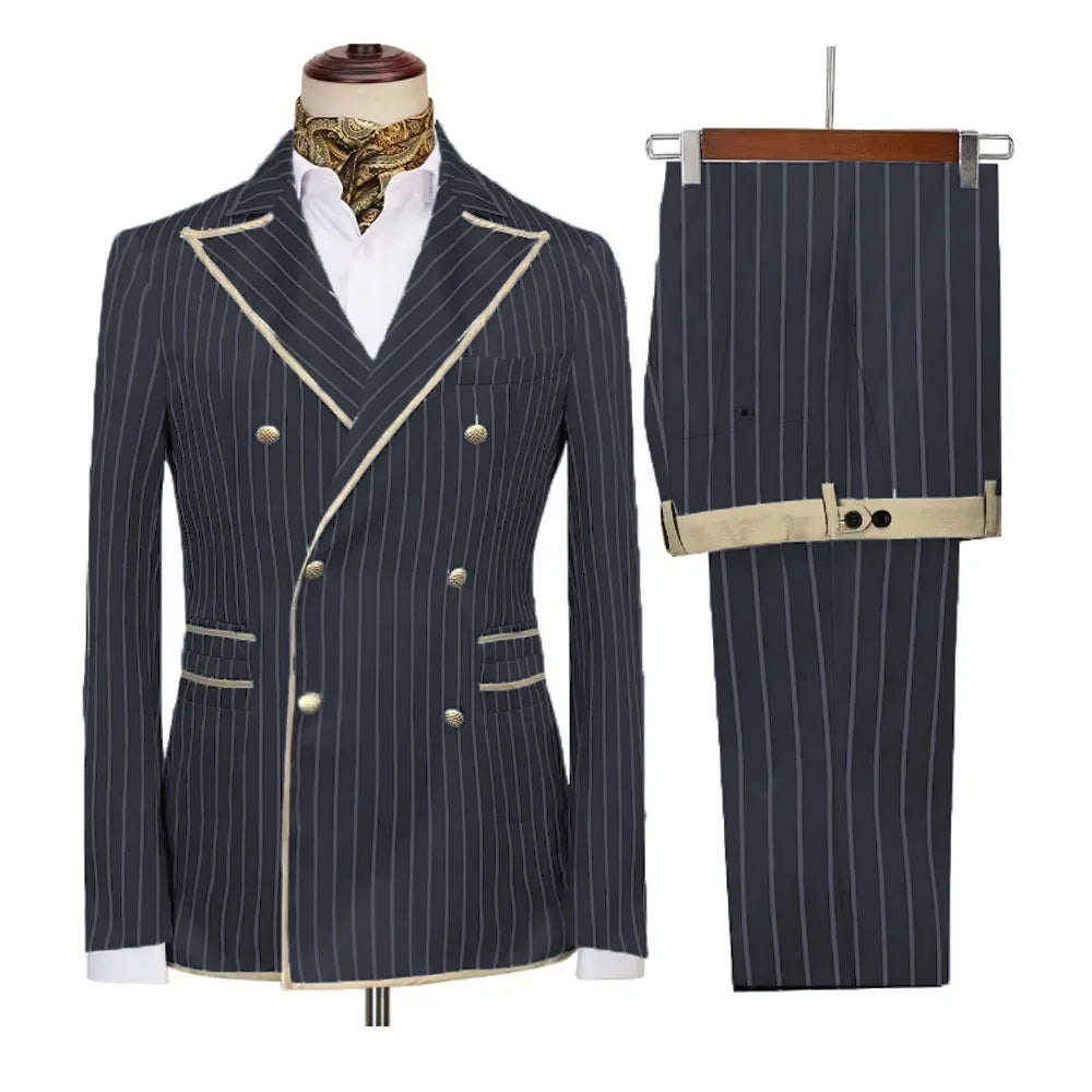 Men's striped double-breasted blazer and pants set from Showlu Fashion, slim fit formal tuxedo with peak lapel, stylish and smart.
