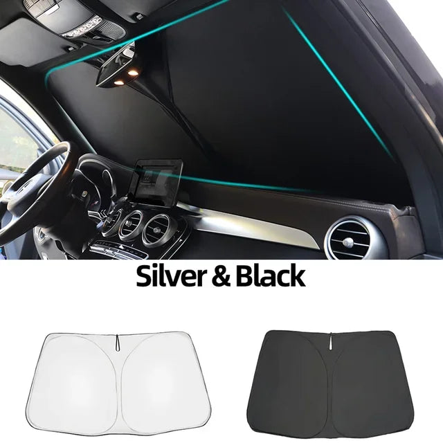 Magnetic car sunshade by Showlu Fashion Store blocking sunlight with a sleek black design for vehicle windshield protection.