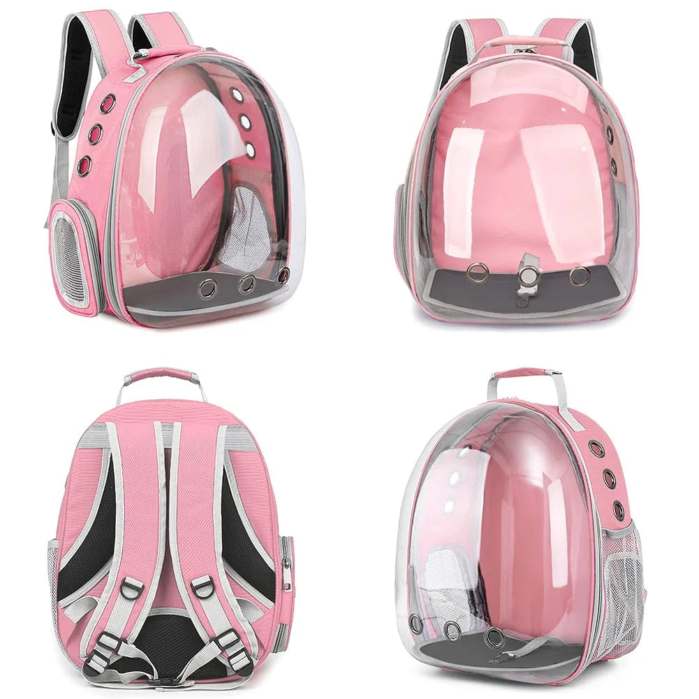 A pink pet travel backpack with a transparent front shell and breathable mesh side panels.