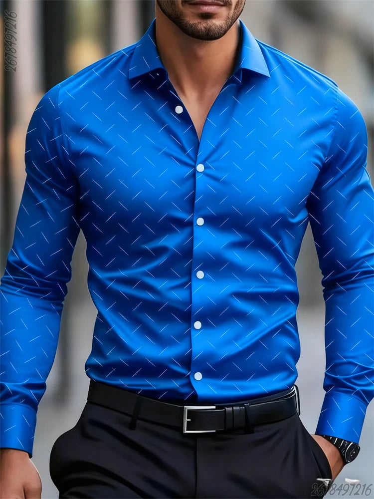 Men's long-sleeved geometric pattern shirt in 17 colors, stylish, non-iron, comfortable casual business top by Showlu Fashion.