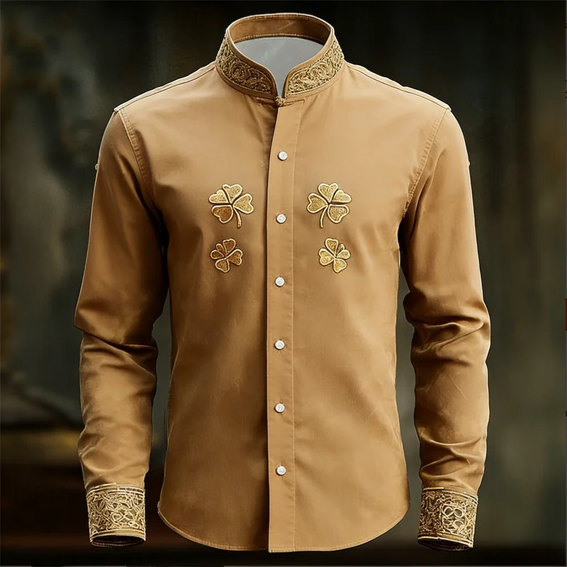 Men's floral long sleeve shirt by Showlu Fashion with gold 3D clover print, stylish and luxurious shirt top.
