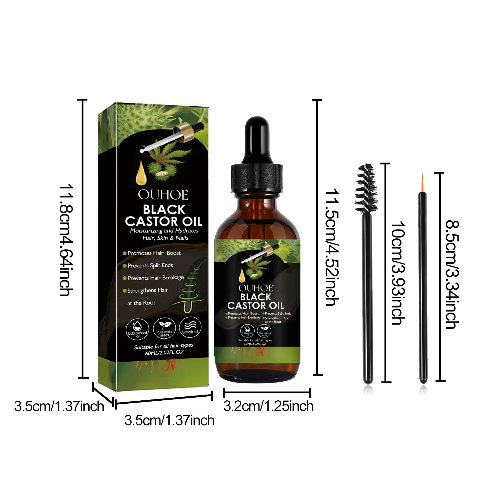 Black castor oil serum for hair growth by OUHOE, 100% organic hair treatment for hair loss, in a dark bottle with a dropper