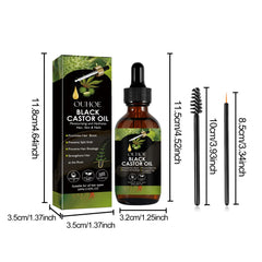 A bottle of OUHOE Black Castor Oil with its box and two applicator brushes, showing dimensions.