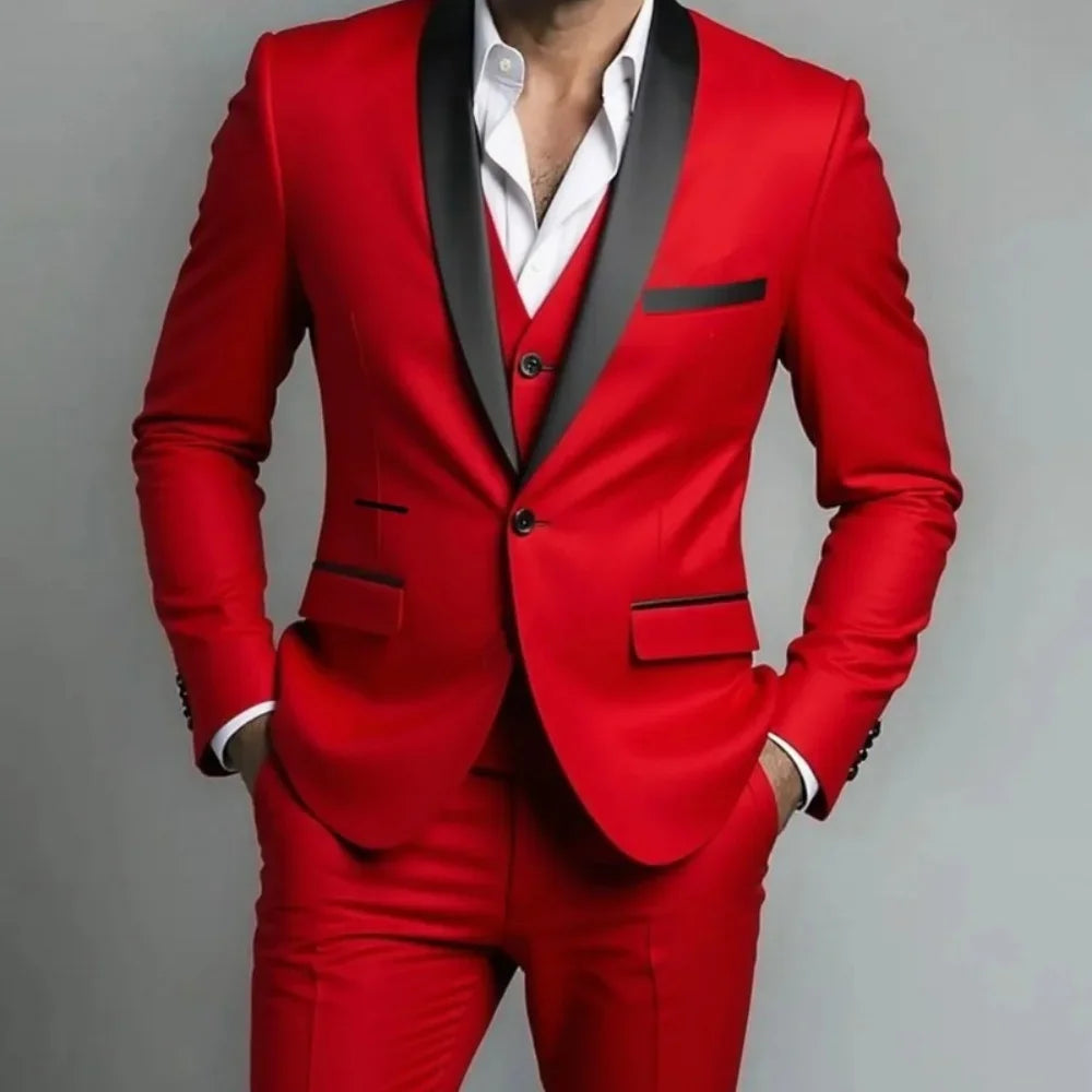Men's Black White Slim Fit Three Piece Suit Set Large Size Autumn Wedding Party Blazer Coat Pants Vest Fashion Male Outfit